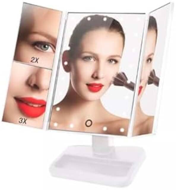 Espelho de Maquiagem Camarin Triplo com 16 Luzes Led Dobrável com Aumento de Imagem 2X e 3X Zoom e Rotação de 180º (Branco)
