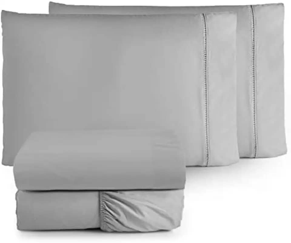 Jogo de Lençol 4 Peças com Ponto Palito 400 Fios Toque Macio (Cinza, Viúvo)