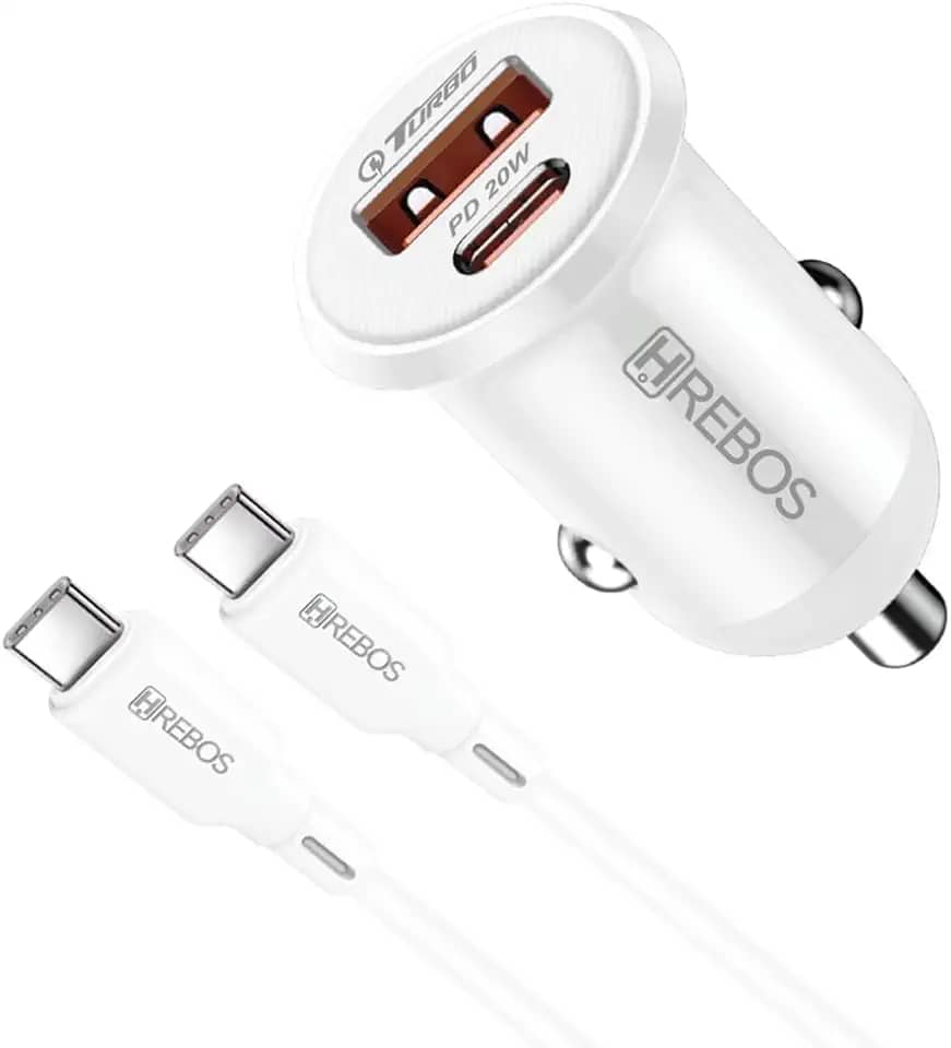Kit Carregador Veicular Mini 20W Turbo Tipo C Carregamento Rápido Compatível Android e iPhone 15 Pro Max Branco
