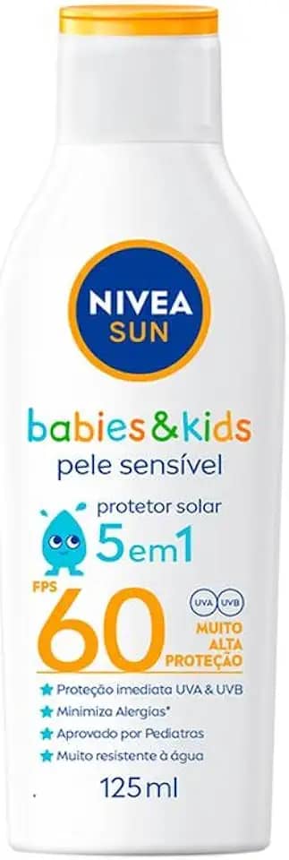 NIVEA SUN Protetor Solar Kids & Babies Pele Sensível FPS 60 125ml - Infantil, muito alta proteção UVA/UVB, minimiza o surgimento de alergias, muito resistente à água com proteção imediata