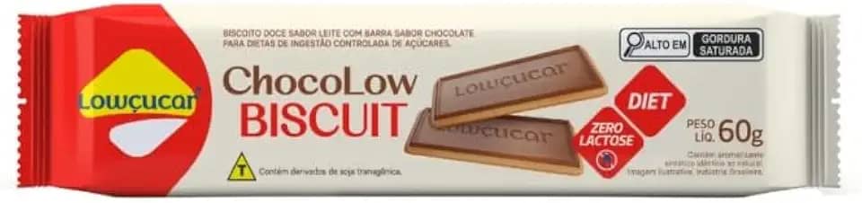 Lowçucar Chocolow Biscuit, Biscoito Diet com Cobertura Sabor Chocolate, Zero Lactose, Rico em Fibras, 60g