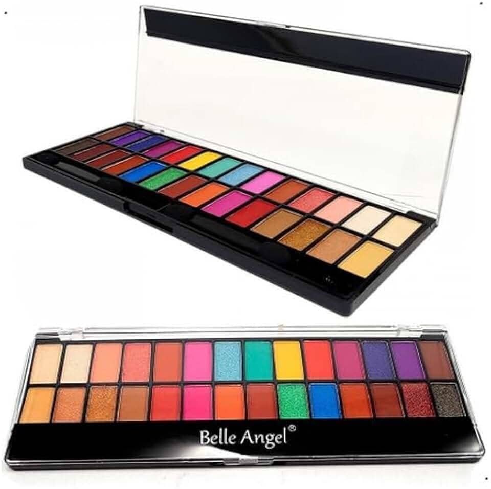 Belle Angel - Paleta de Sombras Coloridas Fosca e Acetinada 28 Cores Vibrantes + Pincéis Profissionais Acabamento Matte e Cintilante Ideal para Looks Artísticos e Festas Estojo com Espelho