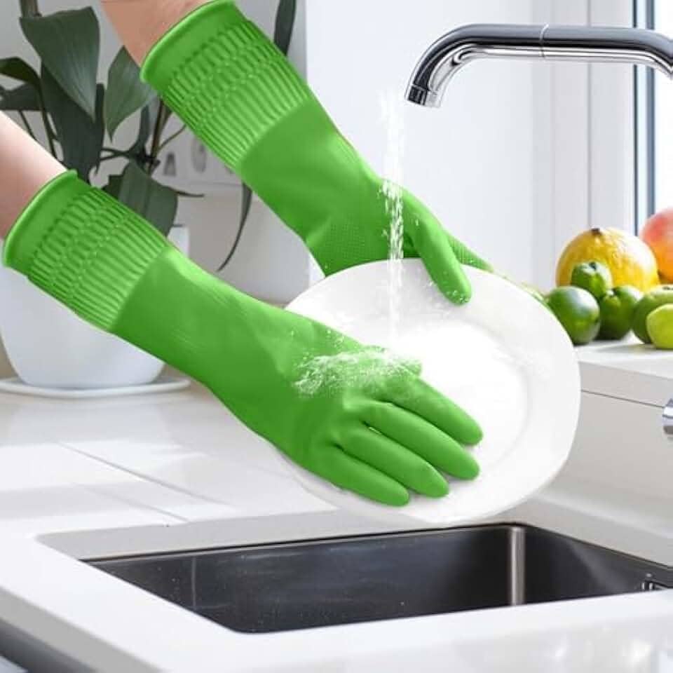 Luvas de borracha para limpeza com punhos longos, à prova d'água, para lavar louça, luvas domésticas com aderência para cozinha e banheiro (verde, P)