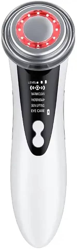 Massageador Facial Rejuvenescedor 4 em 1 LED Vermelho Azul Fototerapia Antienvelhecimento Aquecimento Lifting Facial Portatil Eye Care Estimulador de Colágeno 3 Níveis Recarregável USB