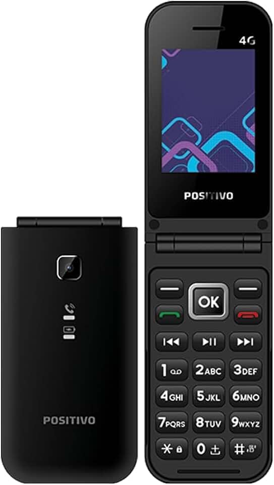 Celular POSITIVO P51, Flip, Função Modem, 4G, Câmera Traseira, Tela 2,4” LCD, Rádio FM, Botão SOS, Dual SIM Preto