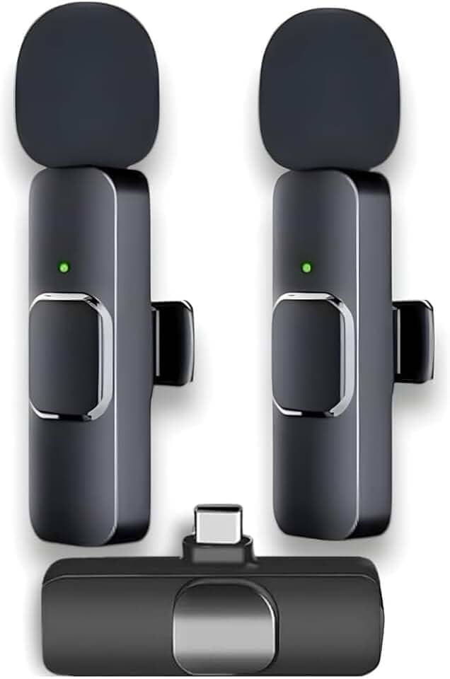 Kit Microfone Lapela Sem Fio Duplo USB-C – Redução de Ruído, Bateria 5h, Alcance 20m – Compatível com iPhone 15/16 e Android – Ideal para Vídeo, Entrevista, Vlog