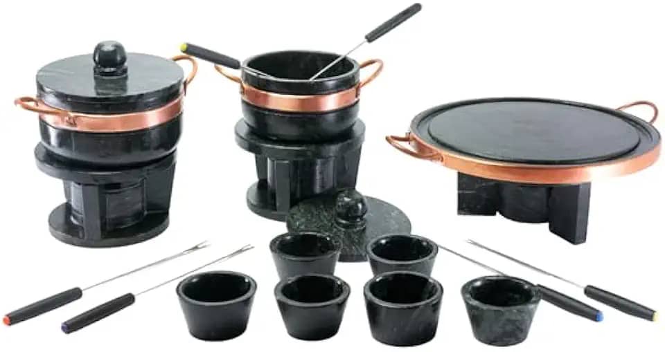 KIT FONDUE PEDRA SABÃO COMPLETO 18 PÇS CHAPA 27 CM