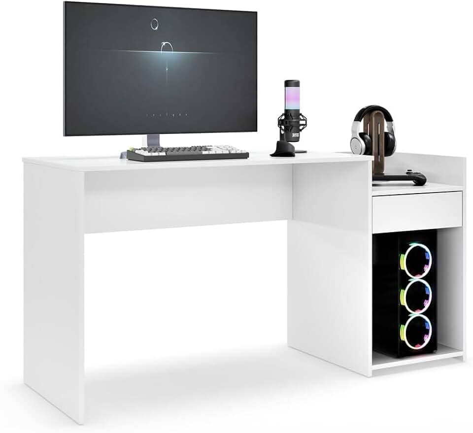 Mesa para Computador Pc Gamer Com Gaveta Nicho Escrivaninha Eros (Branco)