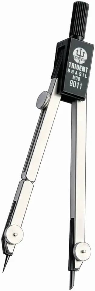 Compasso Técnico Compacto com Haste Prolongadora, Trident, 9011, Cromo Fosco, Traça Circunferências de Até 38 cm