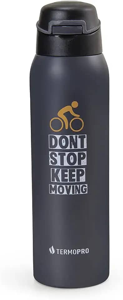 TERMOPRO Squeeze Térmico Fitness Cinza 450 ml Termopro Garrafa Aço Inox Sport Bike Botão Fast Click e Bico Anatômico Bebidas Frias 12h / Quentes 6h