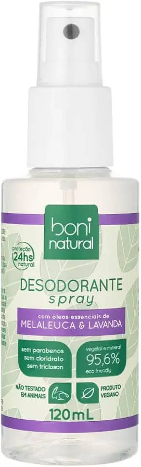 Desodorante Spray Natural e Vegano com Óleos Essenciais de Melaleuca e Lavanda, 24 horas de proteção, Sem Alumínio, Sem Parabenos, Sem Triclosan, Boni Natural, 120ml