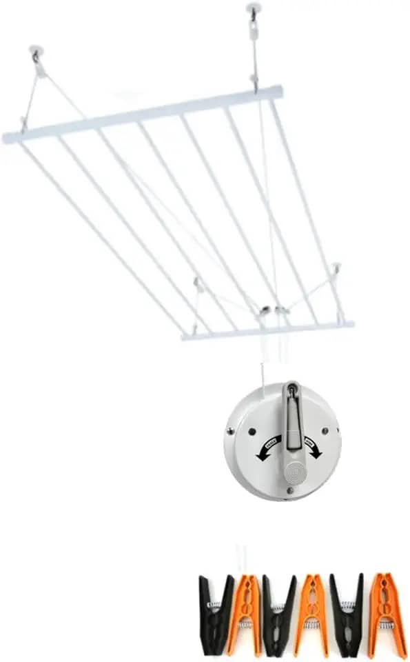 Varal de Teto em Alumínio, Retrátil, Com 8 Varetas 100cm X 60cm Com Manivela Instalação no Teto