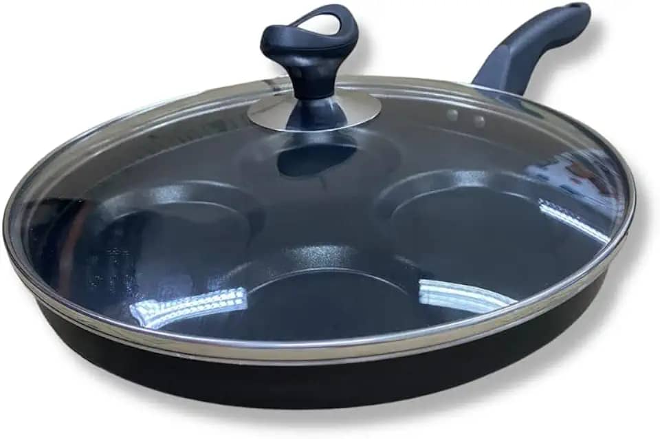 Frigideira Teflon 4 Ovos/hamburgueres Antiaderente Com Tampa de Vidro Cavidades