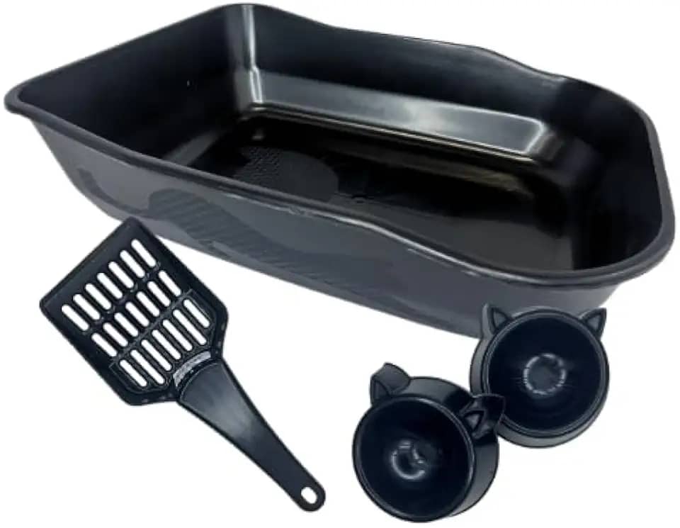 Kit Caixa de Areia para Gatos Durapets, Bandeja com 2 Comedouros e Separador de Dejetos, Preto
