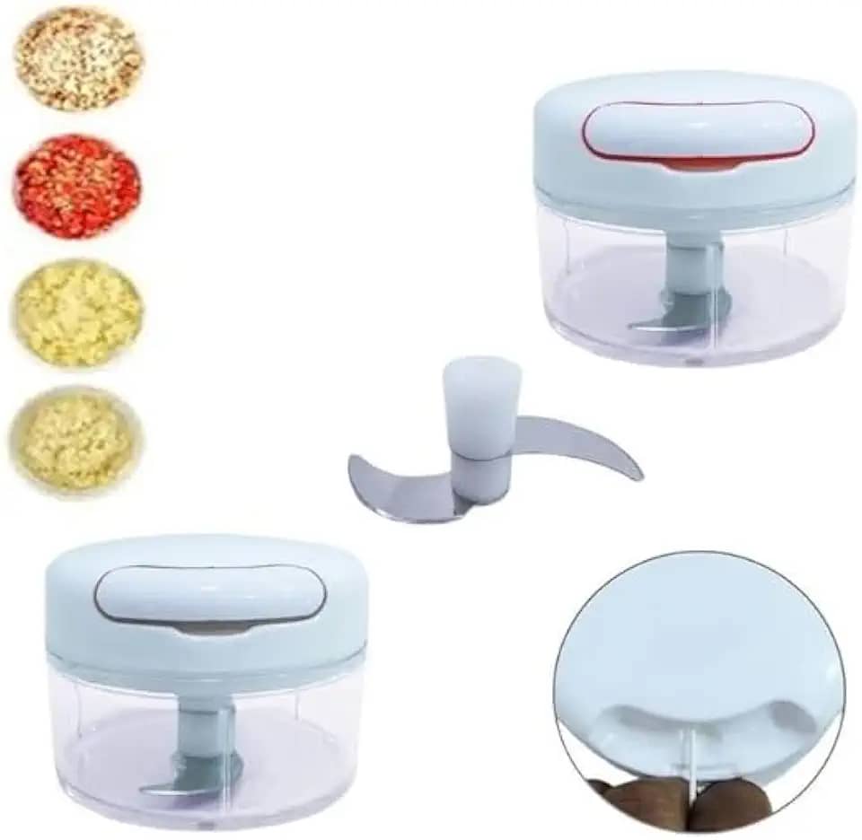 Mini Processador Manual de Alimentos, Triturador com 2 Lâminas em Aço Inox, Base Antiderrapante, Sistema de Corda Retrátil, 8,7 x 6,7 cm, para Verduras, Legumes, Frutas e Alho