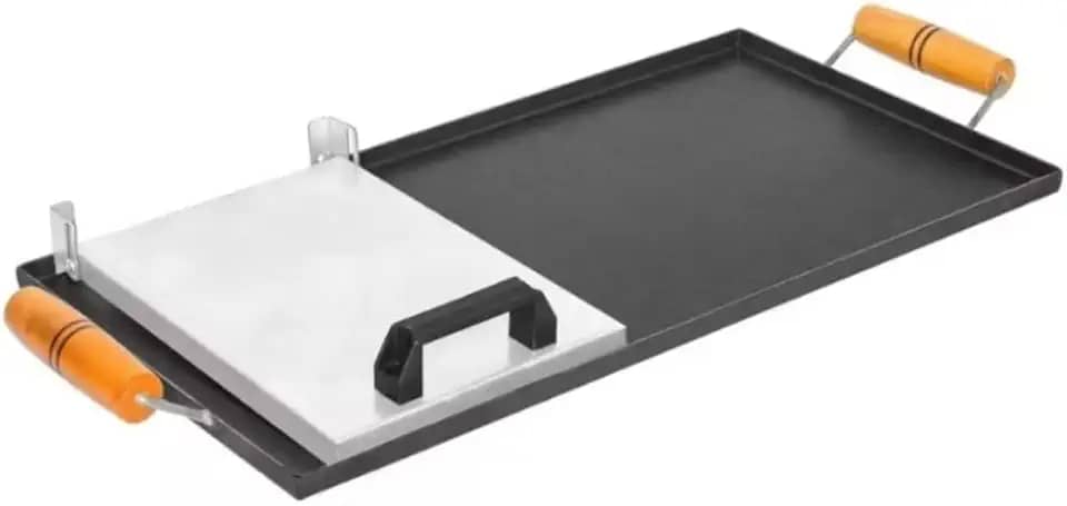 Chapa para Hambúrguer e Carnes com Prensa, 60x30cm, Alças de Madeira, Antiaderente