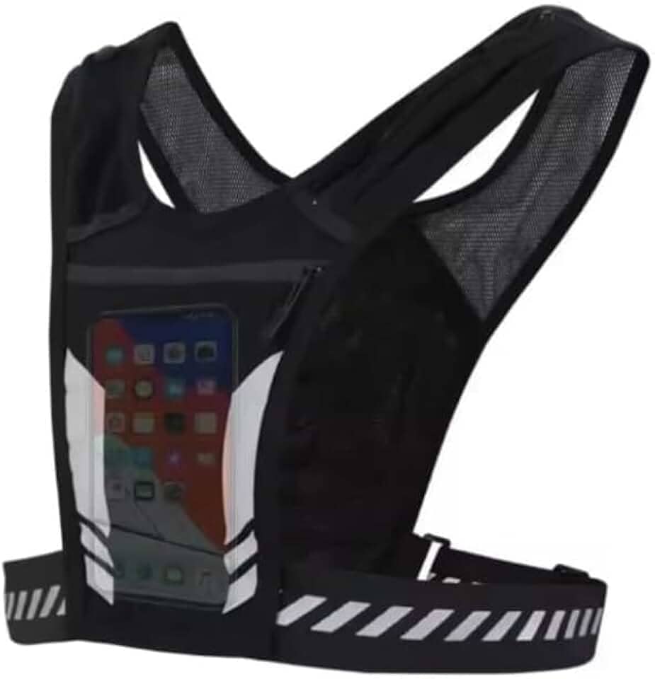 AG Colete de Corrida Porta Garrafa Colete de Hidratação Bolsa de peito reflexiva com bolso de malha Cintura ajustável Suporte para Telefone Celular Bolsa esportiva Ciclismo Bike Academia Cor PRETO