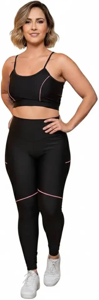 Conjunto Esportivo Feminino Slim, Top e Legging Preta com Detalhes em Linha, Roupa de Academia para Treino e Fitness