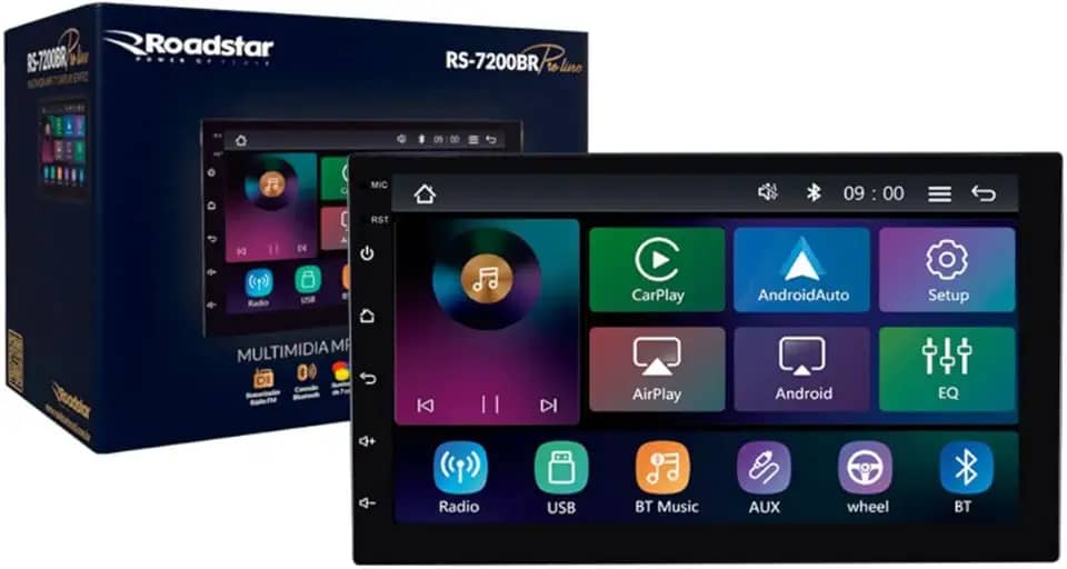Central Multimídia MP5 Tela 7 Polegadas Roadstar RS-7200BR Pro Line Carplay Sem Fio