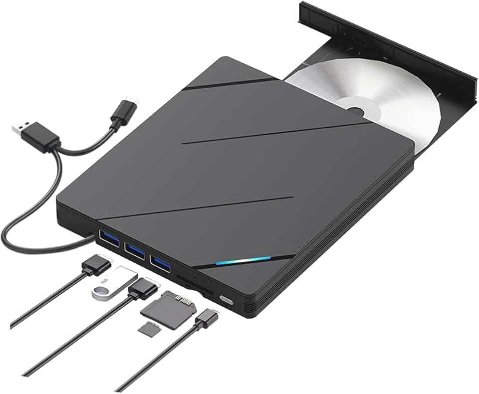 Gravador de DVD Externo 8-em-1, USB 3.0, Tipo-C, Portas Micro SD e T-Flash