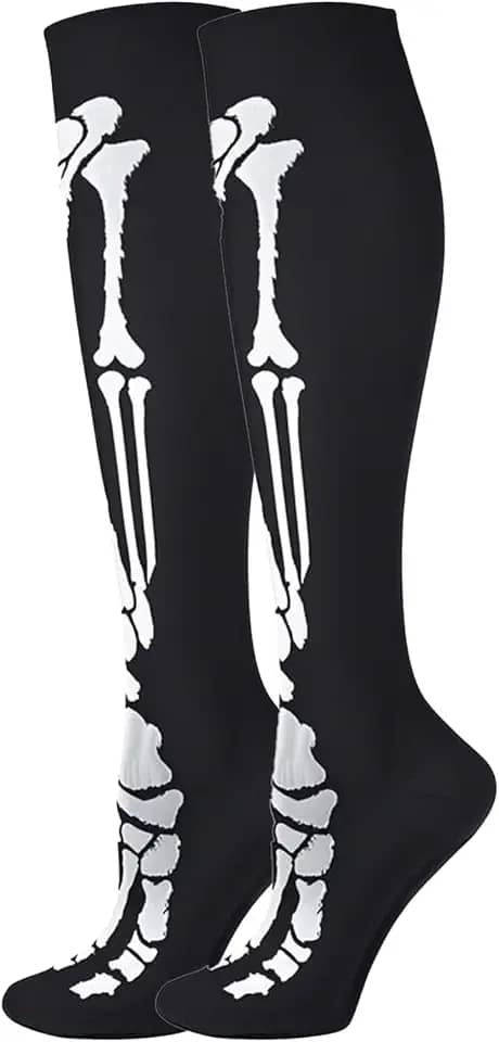 Meias de compressão para mulheres e homens, meias divertidas e coloridas, melhor suporte até o joelho, meias de atletismo de viagem graduadas, Esqueleto, 8-14