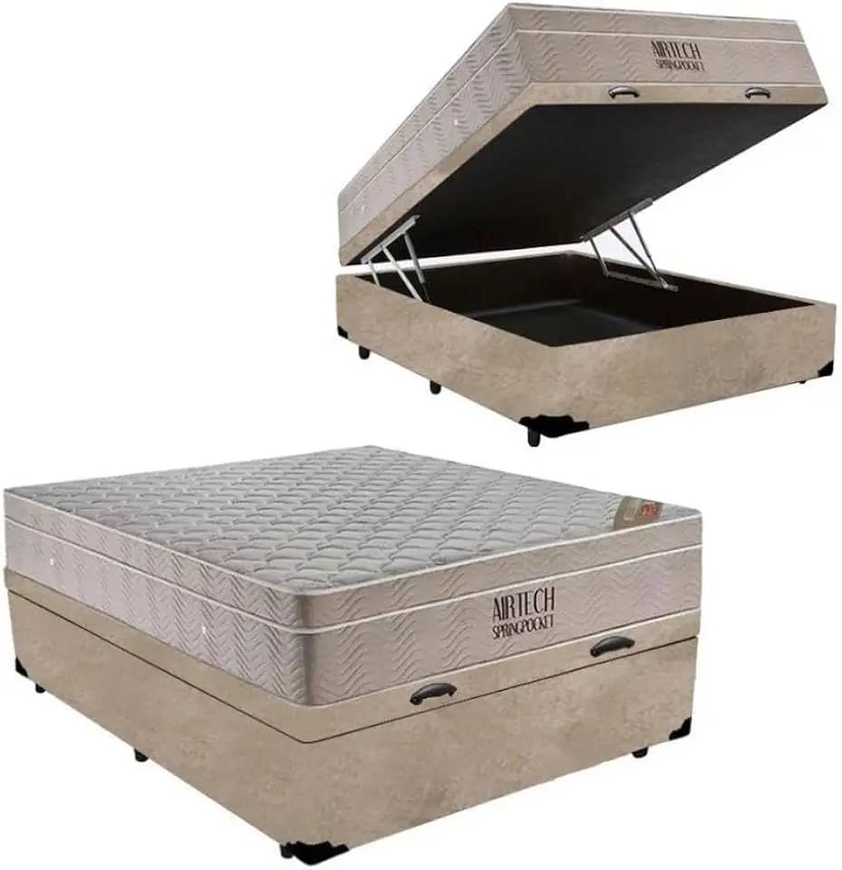 Cama Box Baú + Colchão de Molas Ensacadas - AirTech SpringPocket - Ortobom (Bege, Casal)