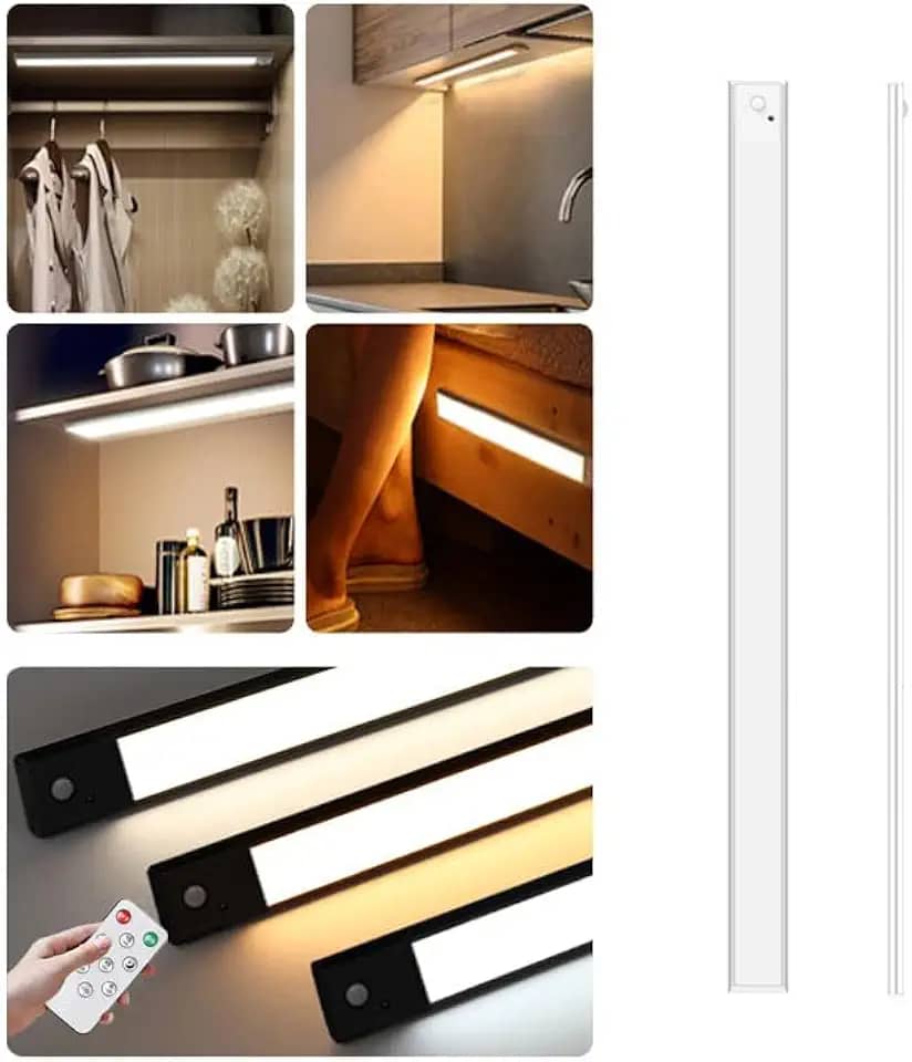 Luz led regulável de 3 cores, 60cm, recarregável por usb, sensor de corpo humano, adequado para cozinha, guarda-roupa, armário de vinho (Rebordo prateado, Modelo reto)