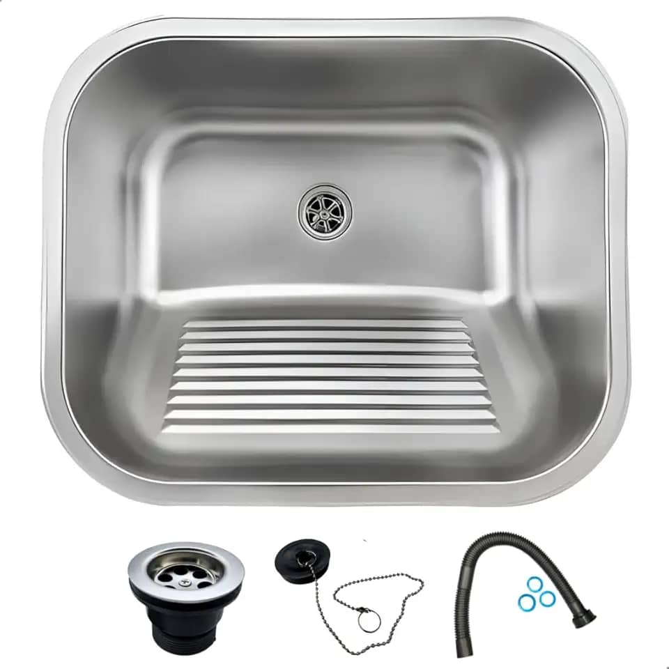 SOFTINOX Tanque de Lavanderia 50x45cm em Aço Inox 201 Escovado com Manta Emborrachada – Monobloco, Acompanha Válvula 2 3/4″ e Sifão, Instalação Embutir/Sobrepor