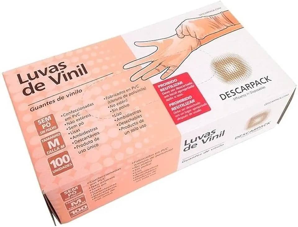 Luva de Vinil Sem Pó Tamanho M Descarpack - Caixa com 100 Unidades