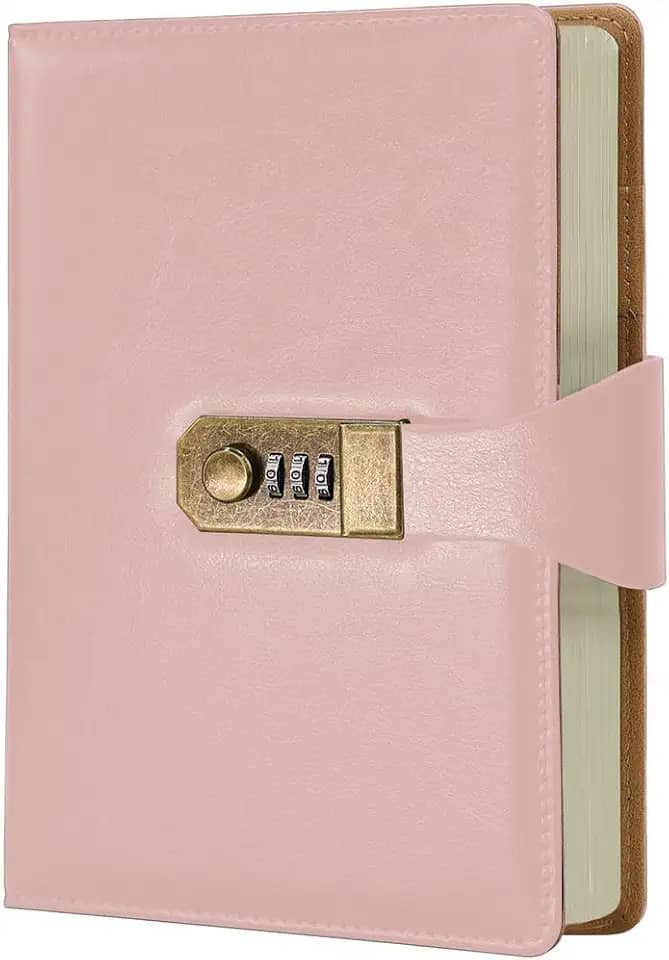 LUMAI Caderno Diário com Cadeado e Senha A5 288 Páginas Capa Couro Sintético Pautado Agenda Privado Feminino Masculino Anotações Escola Trabalho Viagem Segredo Pensamentos (Rosa)