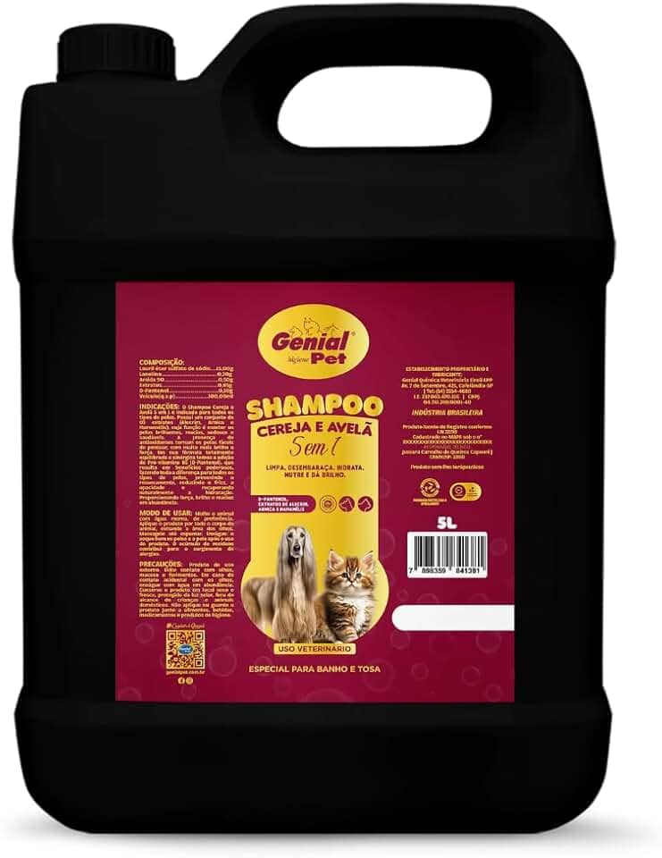 Galão Genial Pet Shampoo Cereja e Avelã 5 em 1, 5 Litros, Uso Profissional para Cães e Gatos
