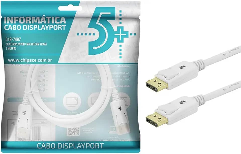 5+ Cabo Displayport + Displayport 1.2 - Branco - 2M - com Trava