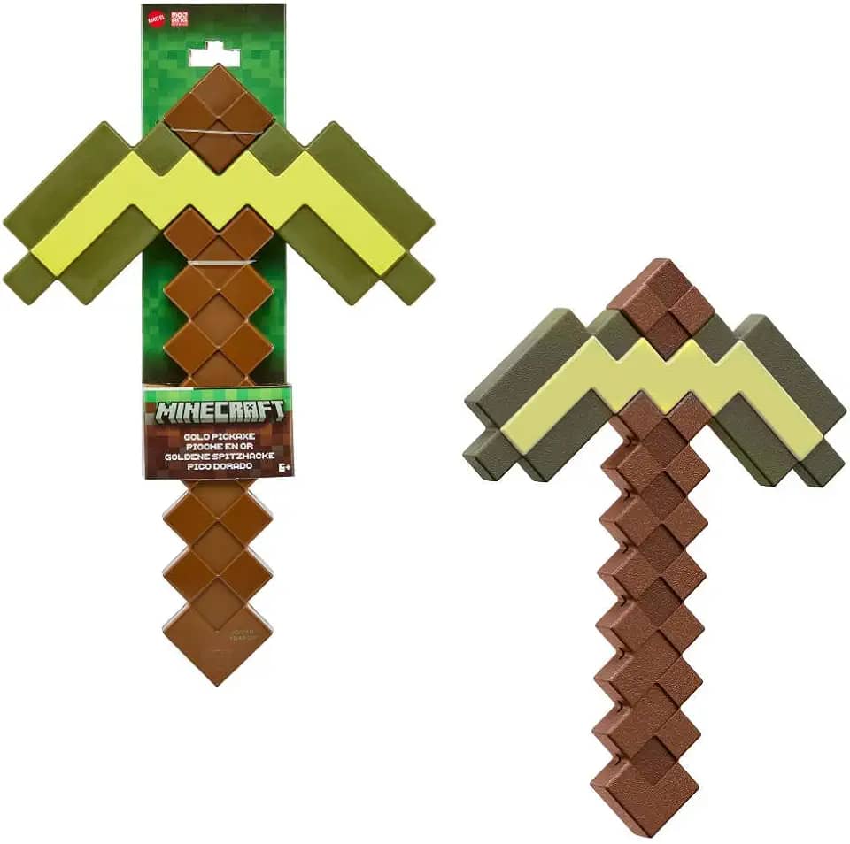 Mattel Minecraft Role-Play Coleção de acessórios de brinquedo de batalha com design pixelado, picareta dourada