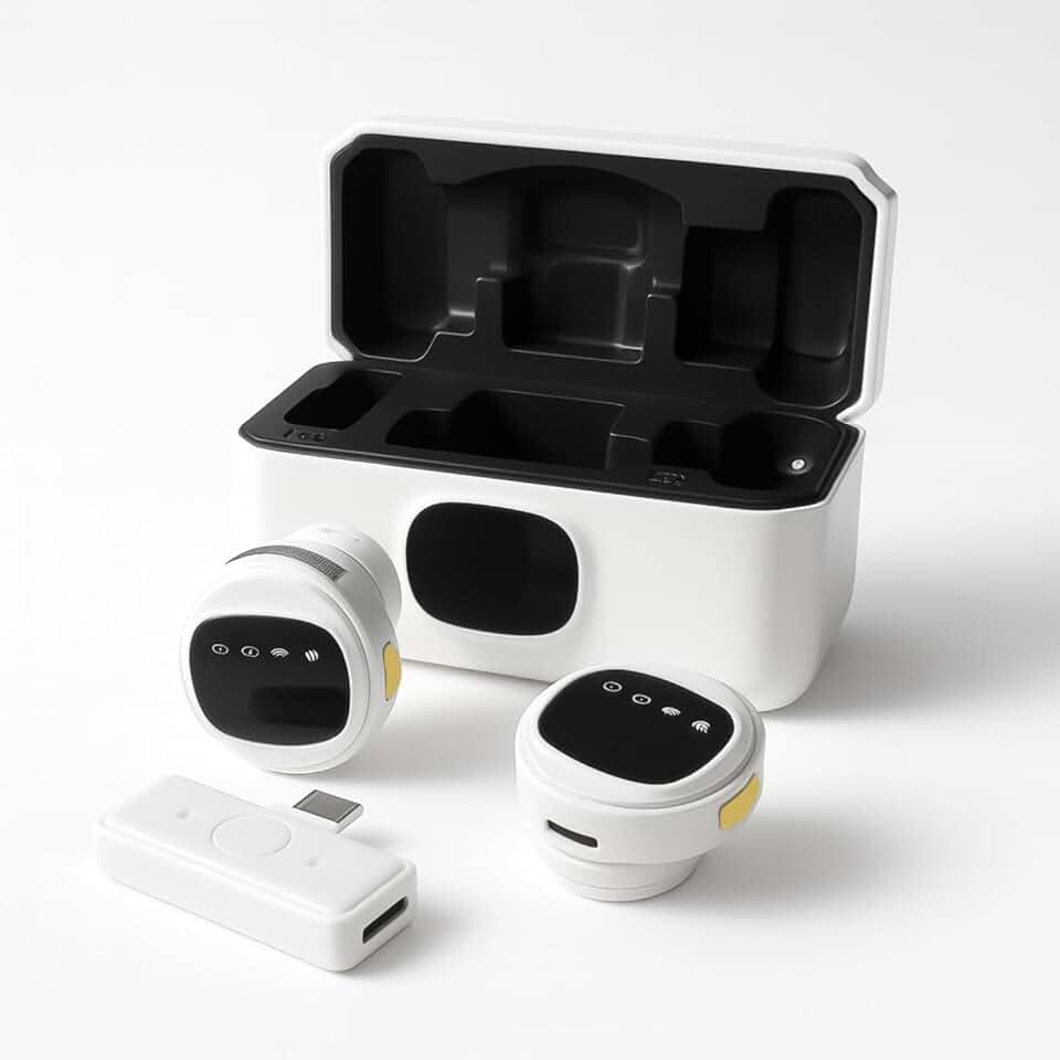 Microfone de Lapela Sem Fio Tipo C Kit Duplo com Case de Carregamento | Compatível com iPhone 15/16 Android USB-C e Notebooks | IA Antirruído | TikTok, Podcast, Gravações, Vídeo Aulas Online (Branco)
