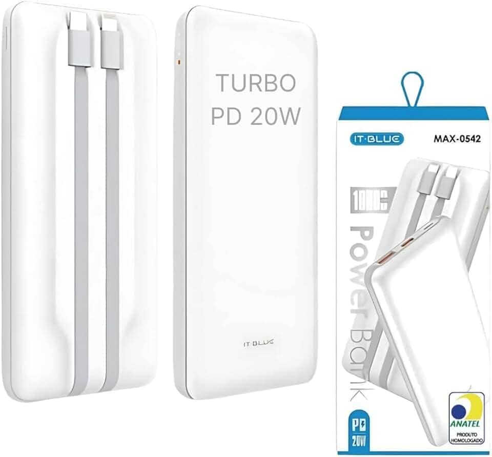 Power Bank 10000 mAh, Carregador Portátil Turbo 20W, Cabo Tipo C e iPhone Embutido, Botão Liga e Desliga, Entrada USB e Tipo C, Tecnologia Power Delivery, Carregamento Super Rápido - MAX-0542