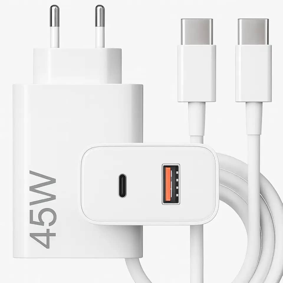 Carregador Turbo 45W USB‑C + USB‑A com Cabo Tipo C de 1m – Power Delivery, Carregamento Rápido para Samsung, Motorola, iPhone 15, Tablets e Notebooks