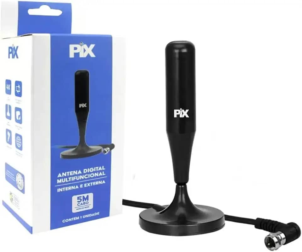 Antena Digital Interna e Externa Amplifica HDTV Cabo 5 Metros – Sinal Full HD, UHF/VHF/FM, Base C/Imã – Prova d'água - Ideal para Conversores Digital - Plug 90 Graus.