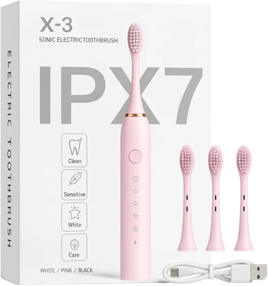 Escova de Dente Elétrica Recarregável USB Escova Dental Ultrassônica IPX7 6 Modos de Escovação Escova de Dentes Elétrica Portátil Com 3 Cabeças Substituíveis À Prova D’água (Rosa)