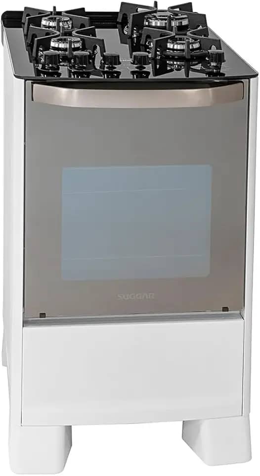 SUGGAR FOGÃO MASTER GRILL BRANCO MESA DE VIDRO 4 BOCAS TRIPLA CHAMA GRILL 110V TREMPE FERRO FUNDIDO ACENDIMENTO SUPERAUTOMÁTICO FGVMTG411BR