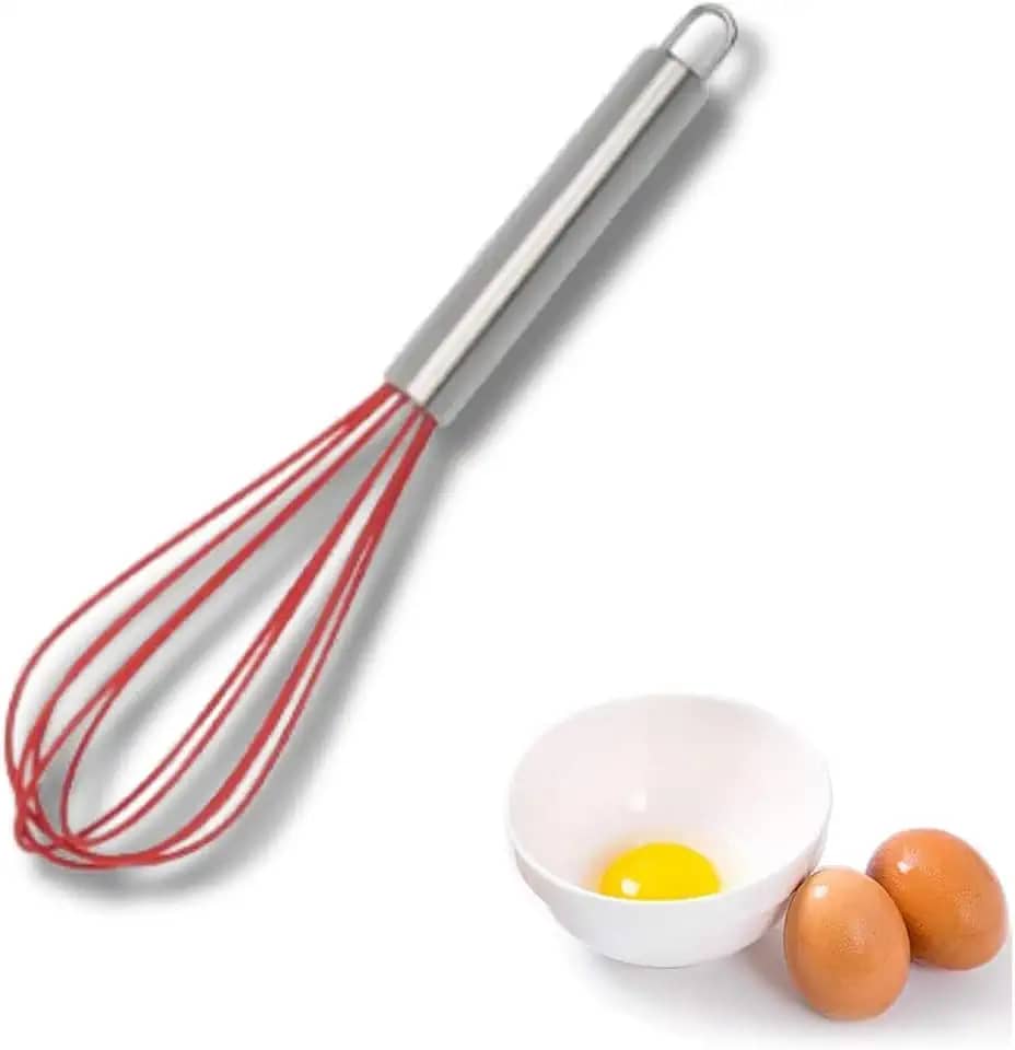 Novo Batedor de Ovos e Massas Fouet, Cabeça de Silicone e Cabo em Inox, fuê Útil Para Massas de Bolo, Tortas, Pães, Cremes e Claras em Neve BELA JOY (Vermelho)