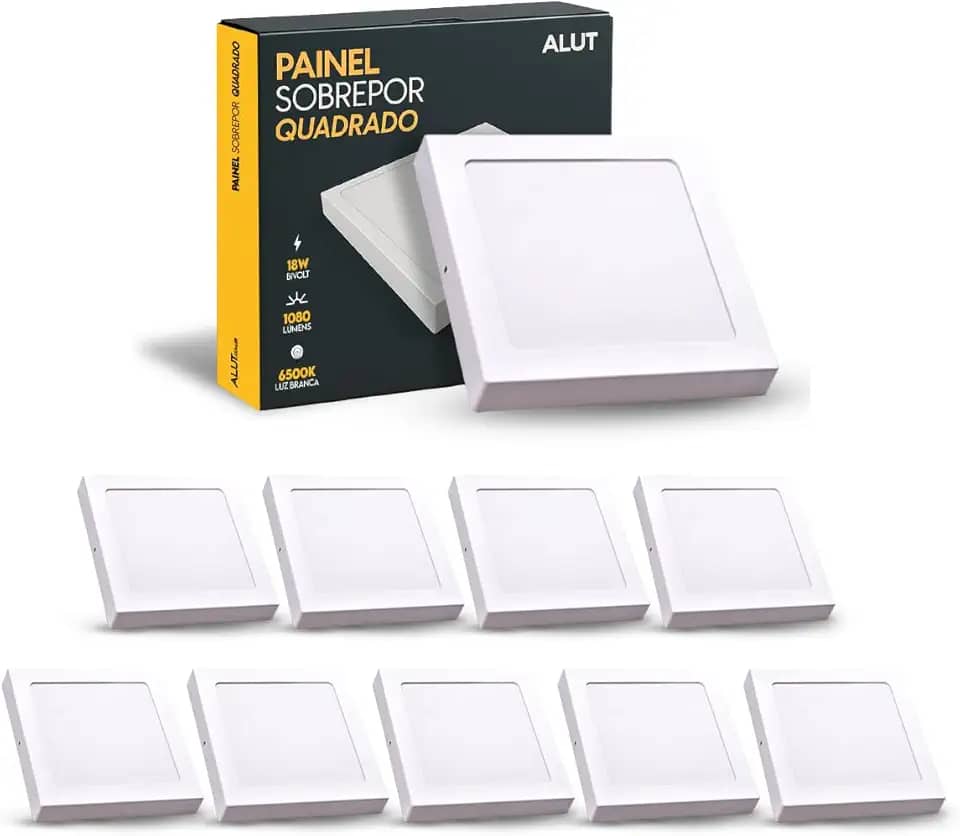 Kit 10 Unidades ALUT Painel LED de Sobrepor Quadrado, 18W Plafon 6500K Branco Frio, Luminária Bivolt Slim de Instalação Rápida