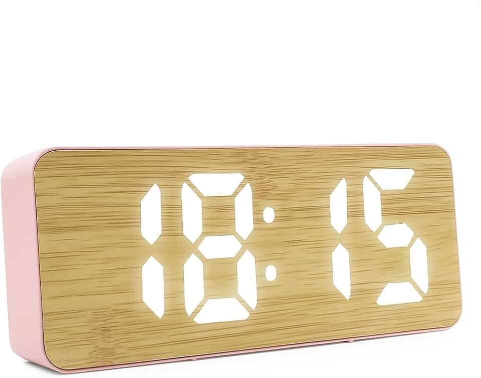 Relógio Despertador Digital de Mesa com Display LED 12/24h – Alarme, Calendário e Design Moderno em Bambu para Quarto, Escritório ou Setup (Rosa)