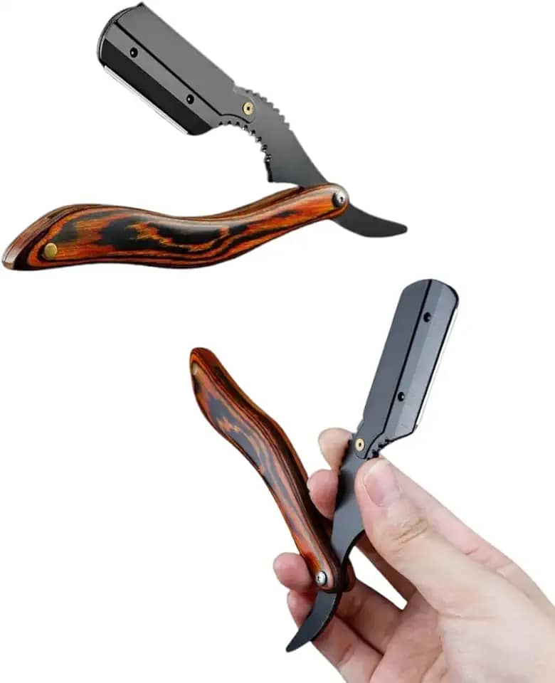 Navalhete Profissional Para Barbeiro Acabamento Barba Cabelo Bigode Navalha de Pressão em Aço Inox Lamina Fixa Estilo Cabo de Madeira Palaziun