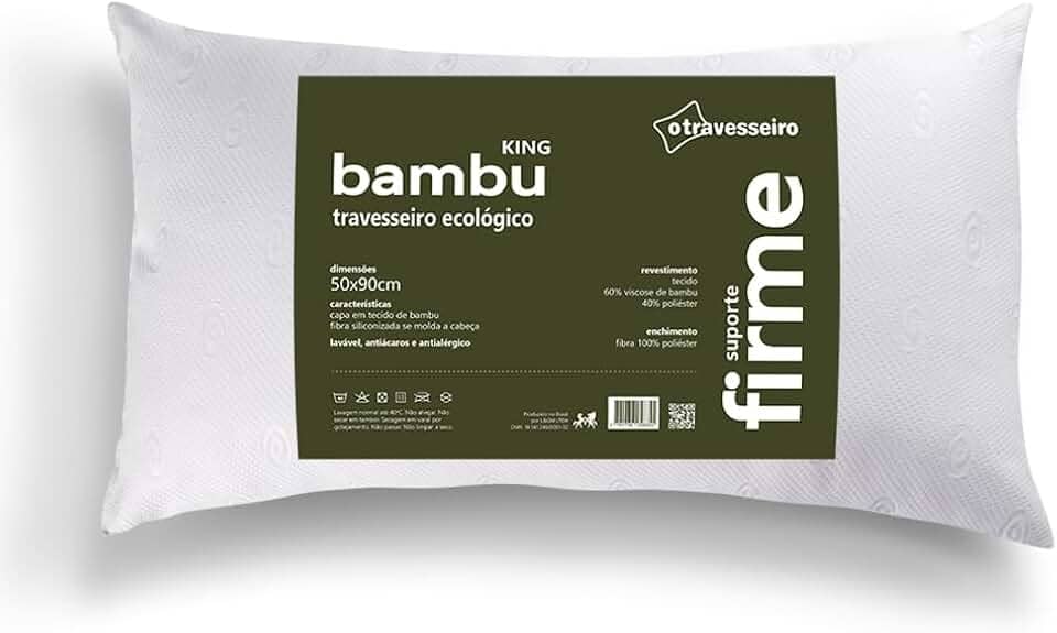 Travesseiro King Antialérgico Fibra de Bambu 50x90cm Suporte Alto e Firme, Fibra de Poliéster Siliconada, Lavável em Máquina, Branco