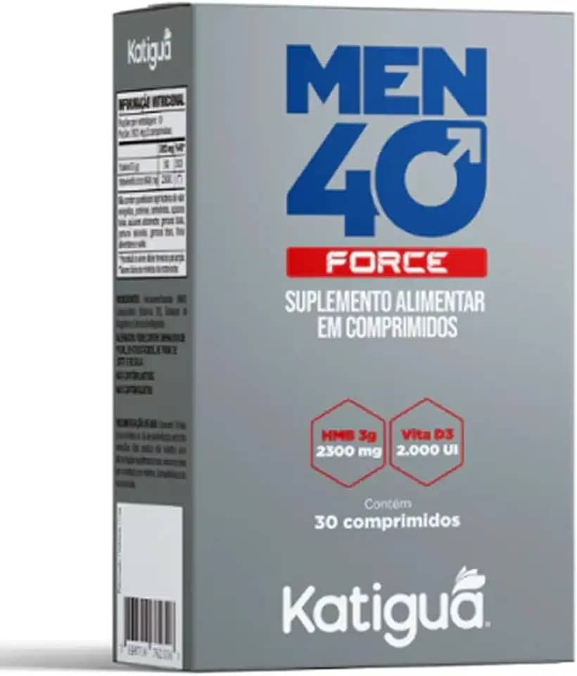 Katiguá, Men 40 Force, HMB 2300 MG + Vitamina C 2000 UI, Sem sabor, Para Homens, 30 Cápsulas rígidas • 10 doses, Cinza