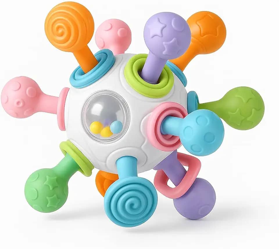 Mordedor de Silicone para Bebê com Chocalho – Bola Sensorial Colorida, Estimula os Sentidos, Alivia o Nascimento dos Dentinhos, Macio, Seguro e Divertido para o Desenvolvimento Infantil - MJ BRANDS