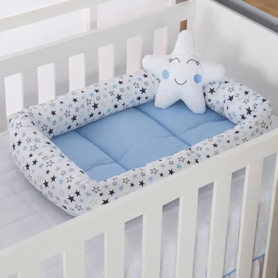 Ninho Redutor de Berço com Almofada Para Bebê Algodão 2 pcs Estrela Azul