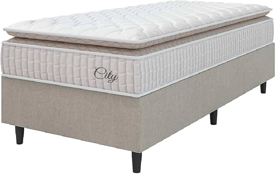 Cama Box Colchão Solteiro Molas Ensacadas City Pillow Top 88x188x61cm Branco/Bege Hellen - Suporta até 110kg por Pessoa
