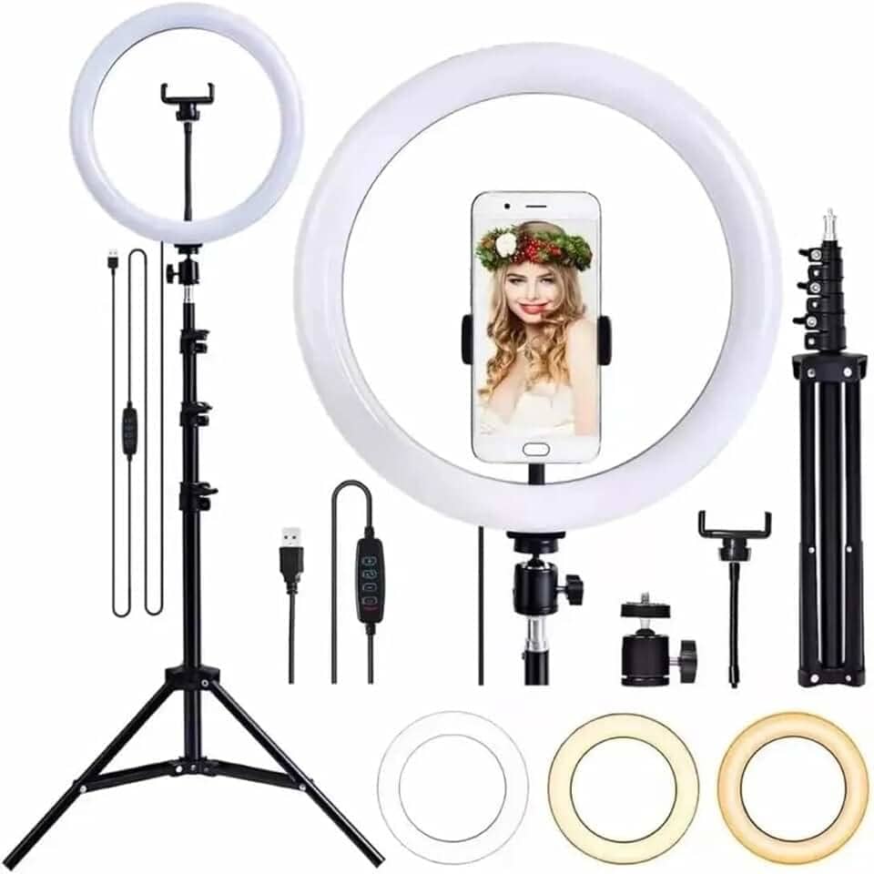 Kit de Iluminação com Anel de LED, Ring Light 26cm e Tripé Ajustável 2,1m – Luz Profissional em 3 tonalidades para Fotos, Vídeos e Lives