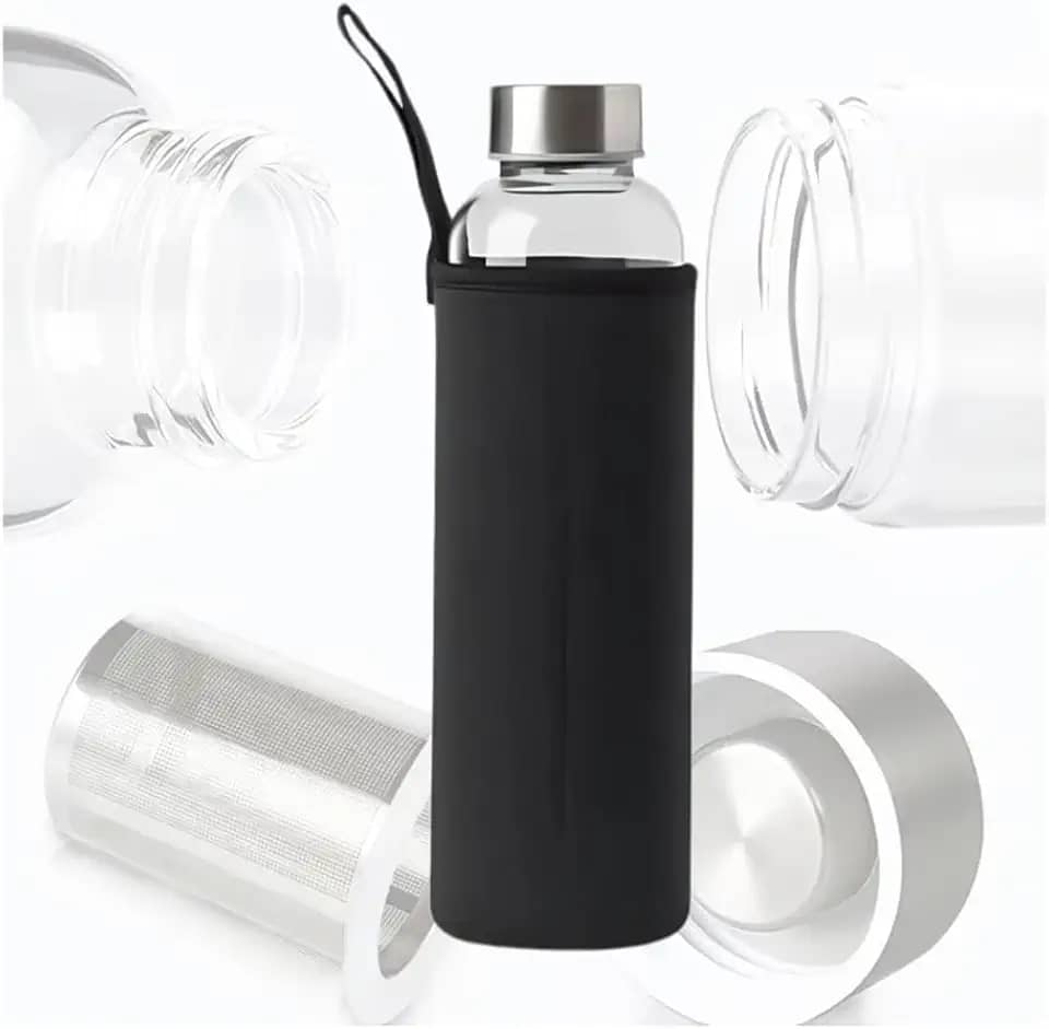 Garrafa de Vidro com Infusor e Capa Neopreme 550ml Preto – Ideal para Chá, Água Saborizada e Bebidas Naturais